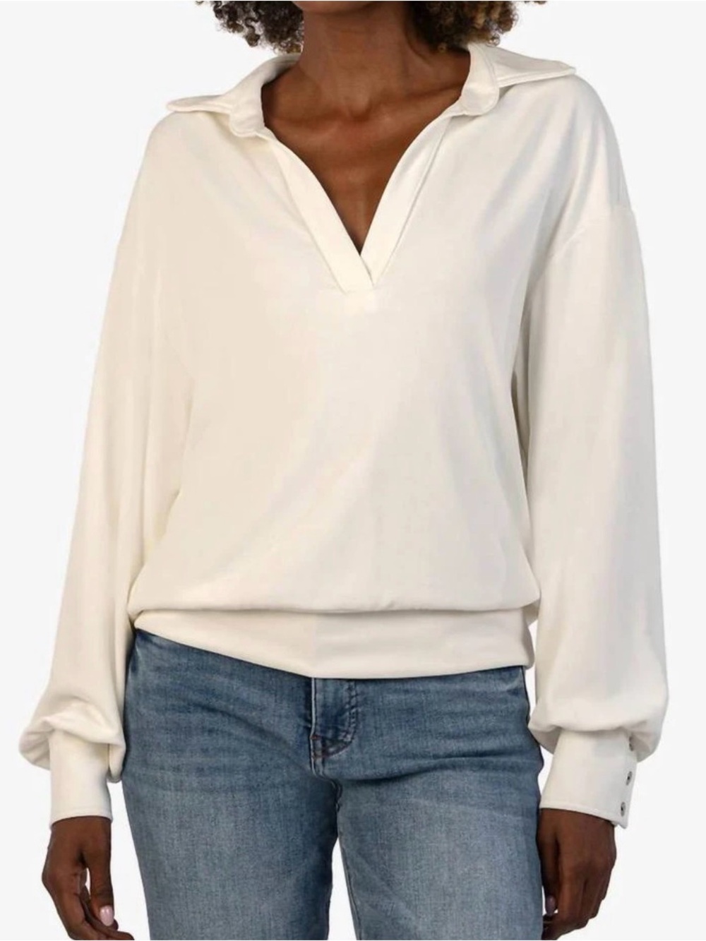 Kut from the Kloth Cream V‑Neck Collared Pullover